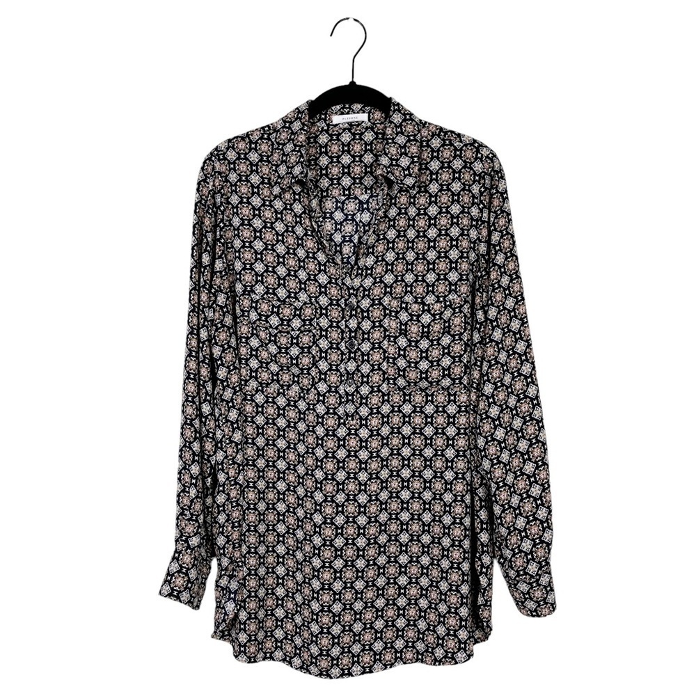 Pleione Medallion Print Half Button Down Collared Long Sleeve Top Size S